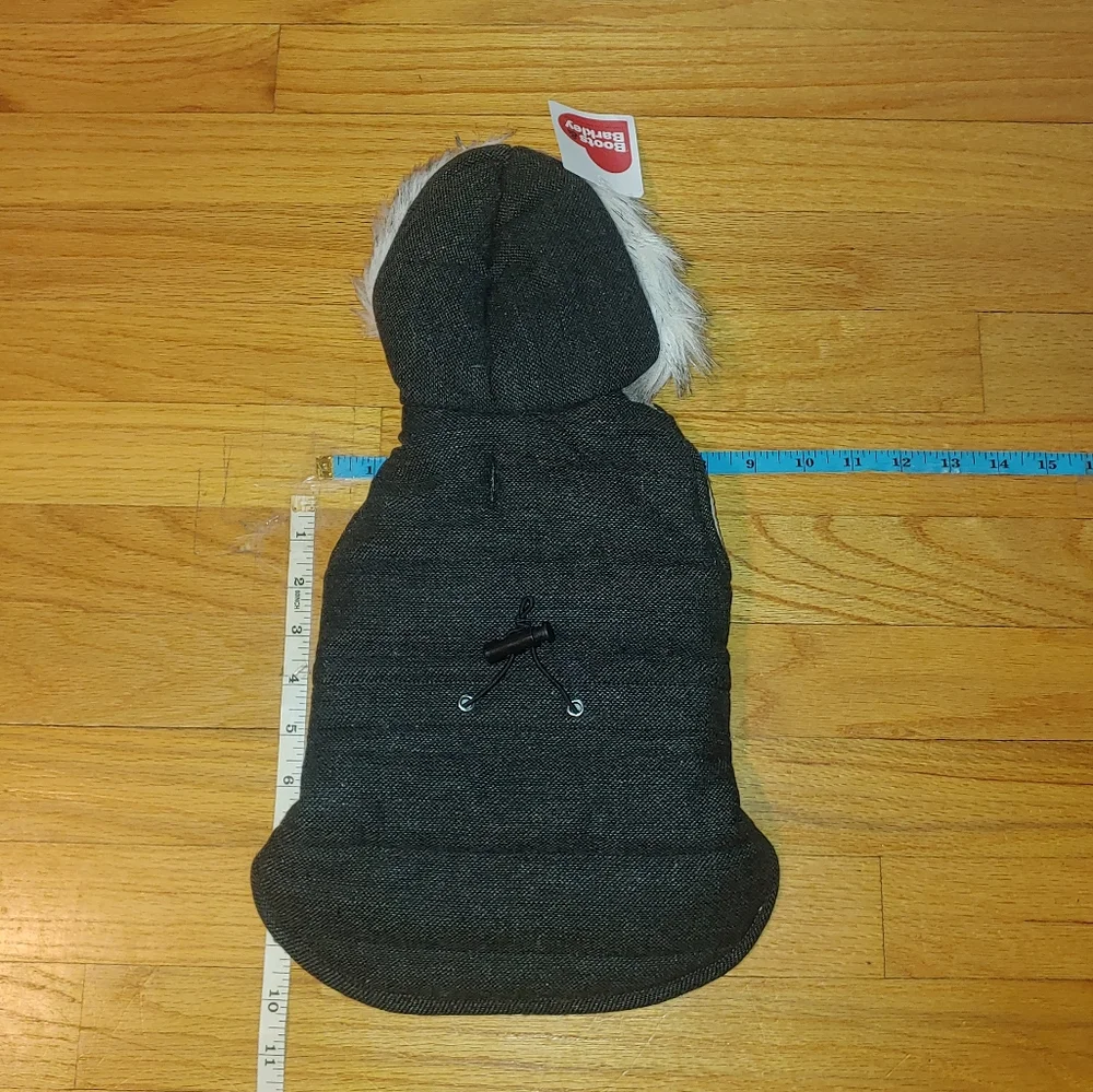 Puffer Vest Cinched Waist Fur Trimmed Hood Gray Tweed Boots & Barkley Dog